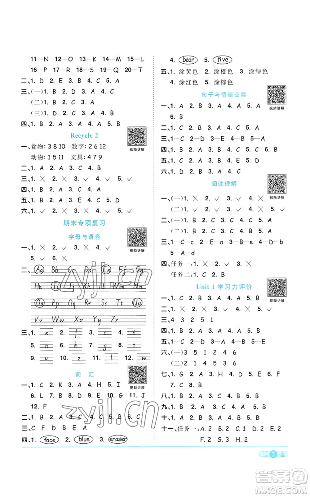 浙江教育出版社2022陽光同學(xué)課時達(dá)標(biāo)訓(xùn)練三年級上冊英語人教版浙江專版參考答案