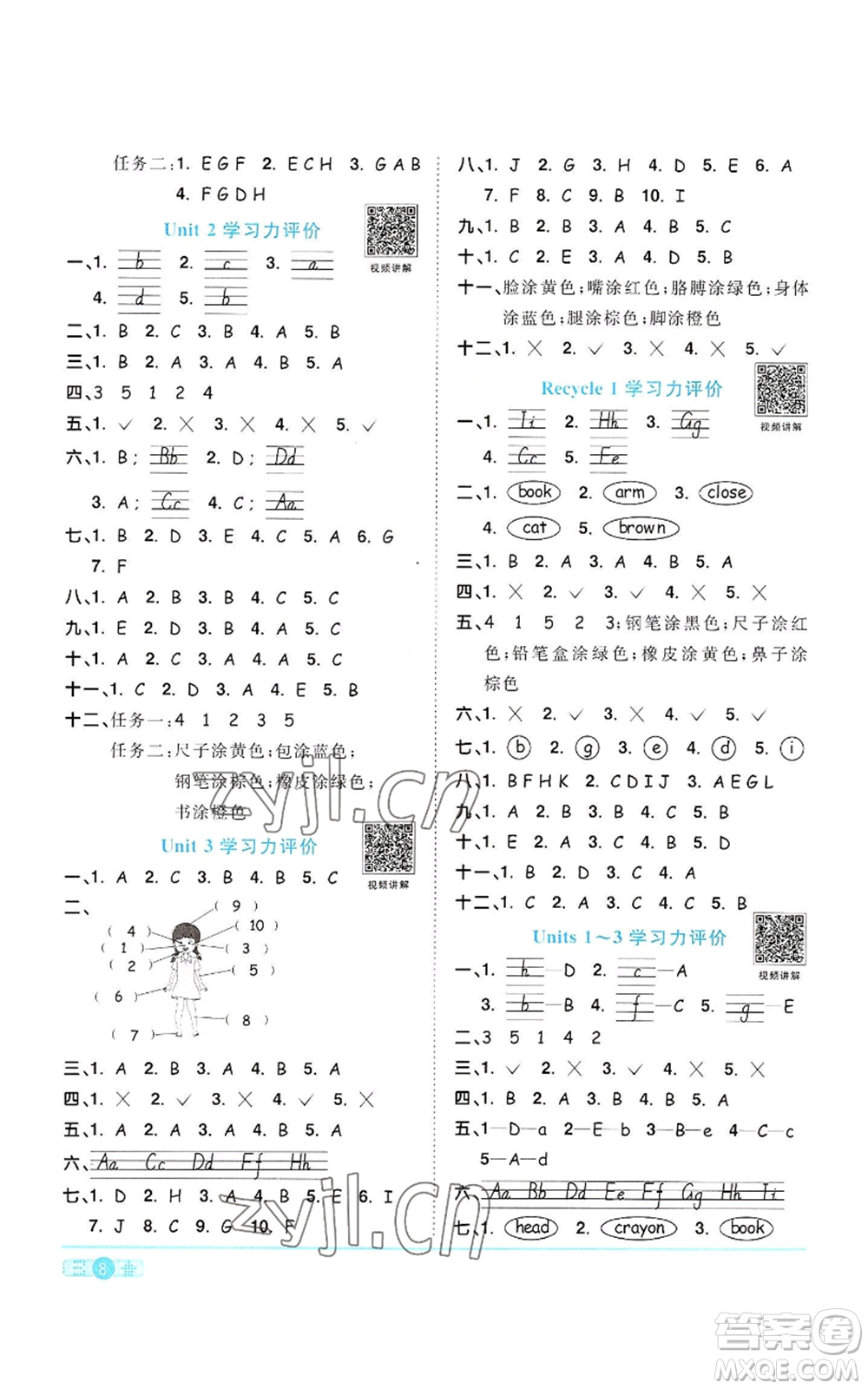 浙江教育出版社2022陽光同學(xué)課時達(dá)標(biāo)訓(xùn)練三年級上冊英語人教版浙江專版參考答案