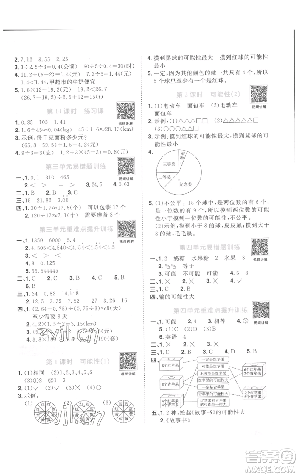 浙江教育出版社2022陽光同學課時達標訓練五年級上冊數(shù)學人教版浙江專版參考答案