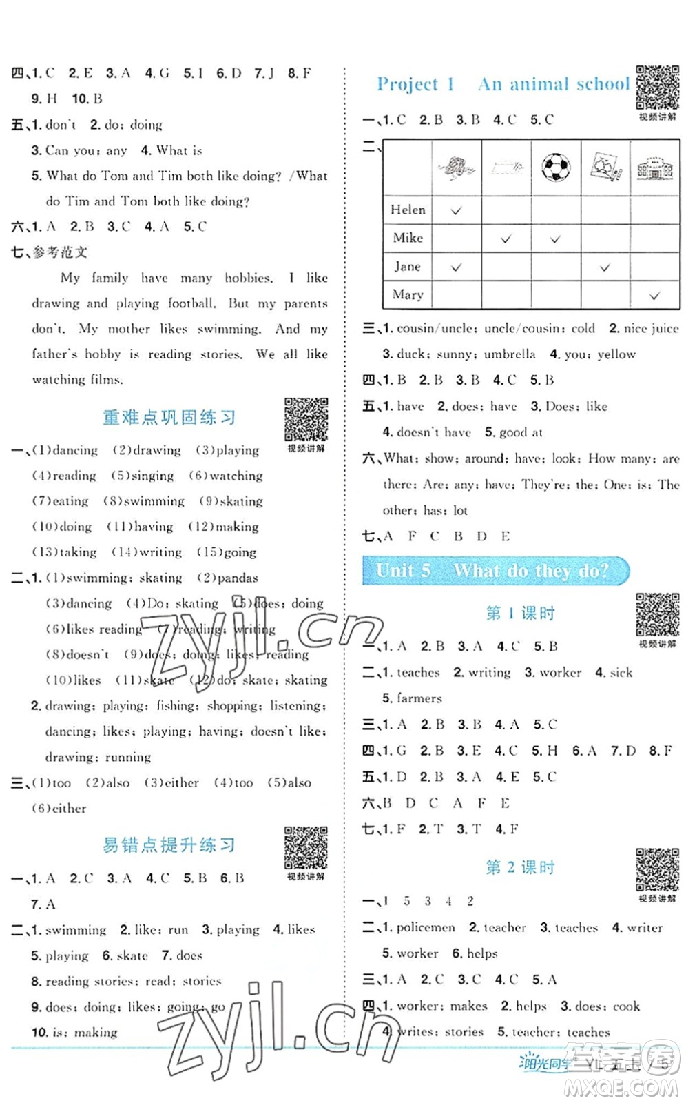 江西教育出版社2022陽光同學(xué)課時優(yōu)化作業(yè)五年級英語上冊YL譯林版答案