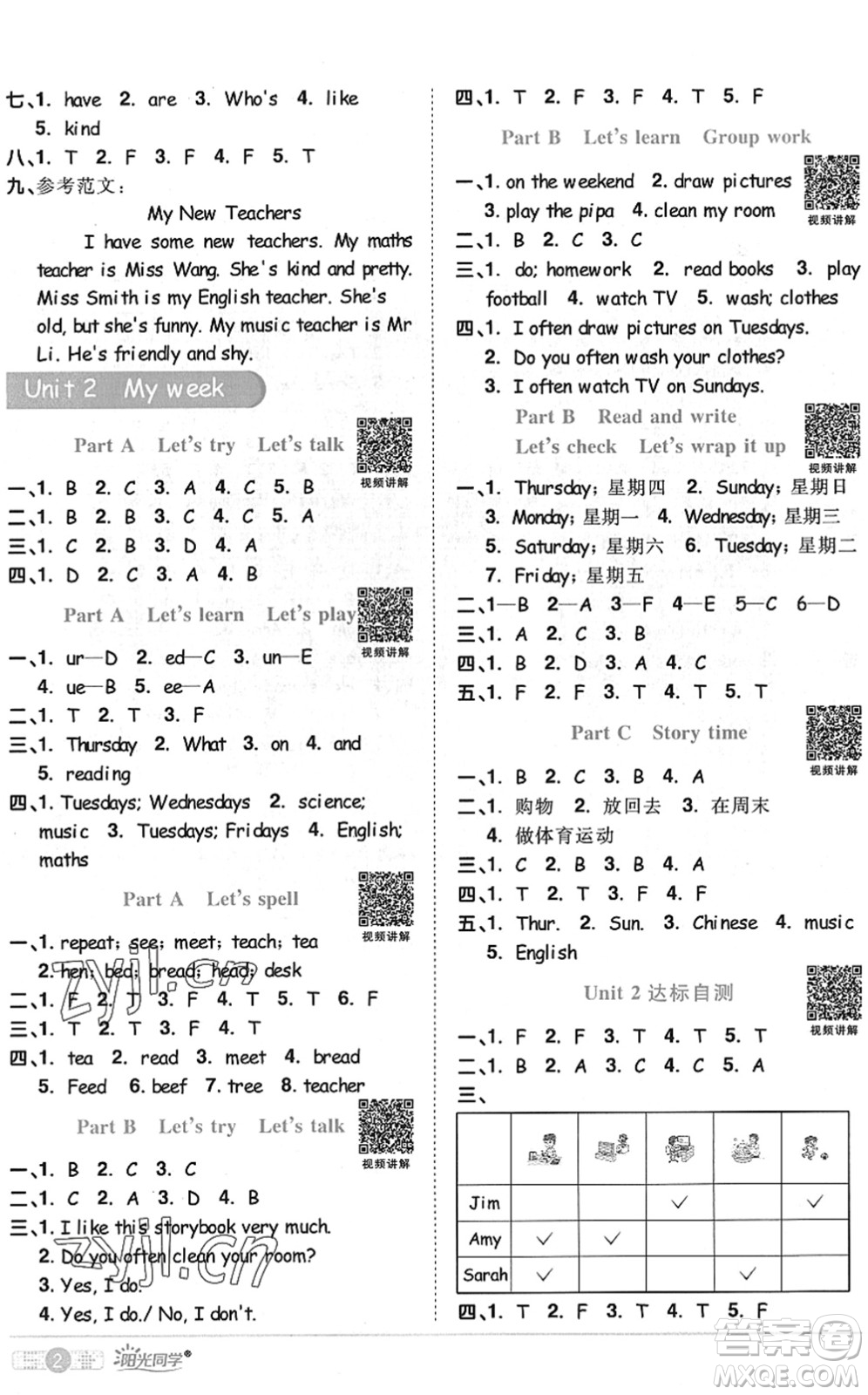 江西教育出版社2022陽光同學課時優(yōu)化作業(yè)五年級英語上冊PEP版答案