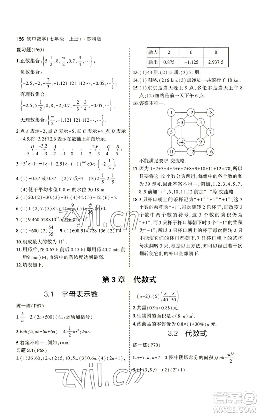 教育科學出版社2023年5年中考3年模擬七年級上冊數(shù)學蘇科版參考答案