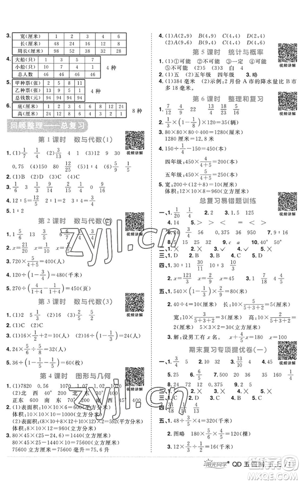 江西教育出版社2022陽(yáng)光同學(xué)課時(shí)優(yōu)化作業(yè)五年級(jí)數(shù)學(xué)上冊(cè)QD青島版五四專用答案