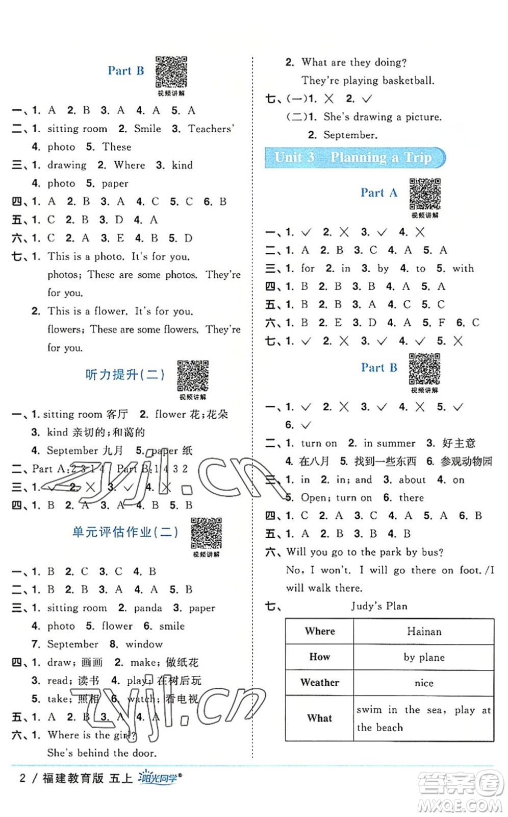 江西教育出版社2022陽光同學課時優(yōu)化作業(yè)五年級英語上冊福建教育版答案