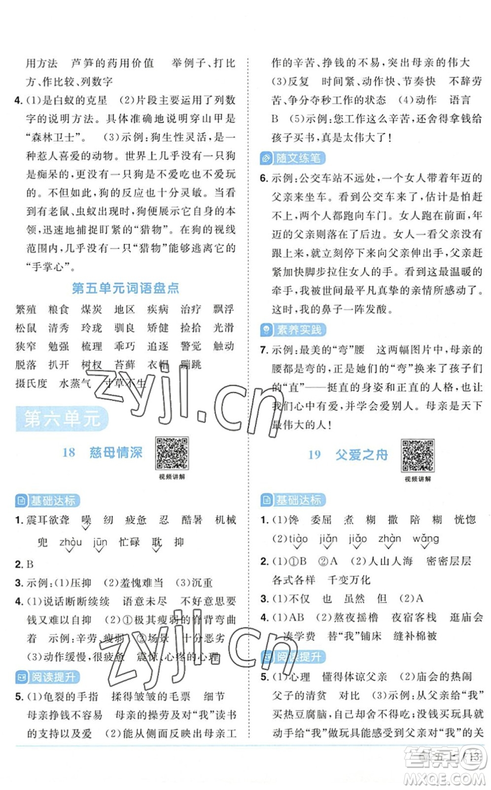 江西教育出版社2022陽光同學(xué)課時(shí)優(yōu)化作業(yè)五年級(jí)語文上冊(cè)五四專用答案