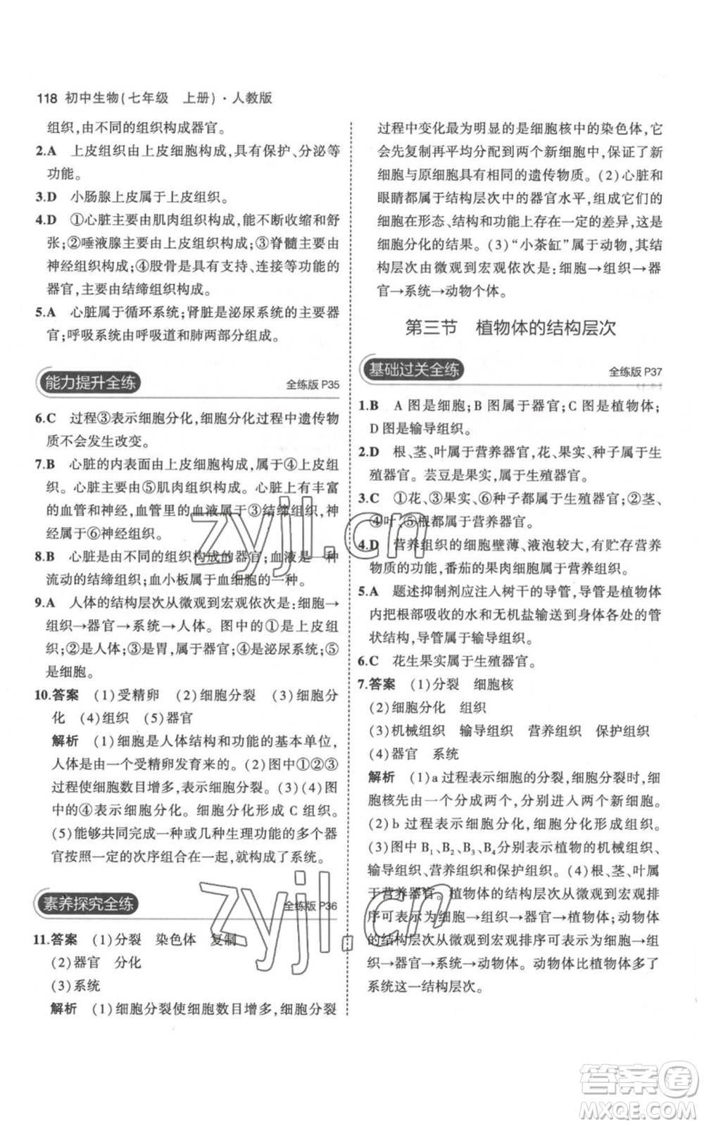 教育科學(xué)出版社2023年5年中考3年模擬七年級(jí)上冊(cè)生物人教版參考答案