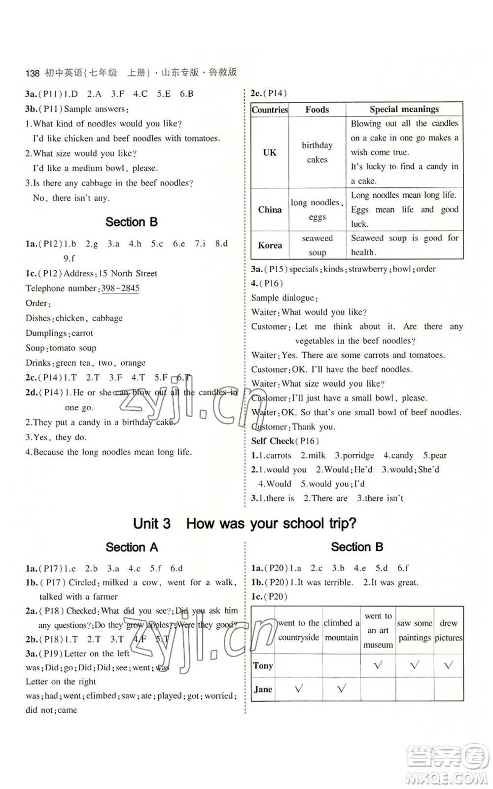 教育科學(xué)出版社2023年5年中考3年模擬七年級上冊英語魯教版山東專版參考答案