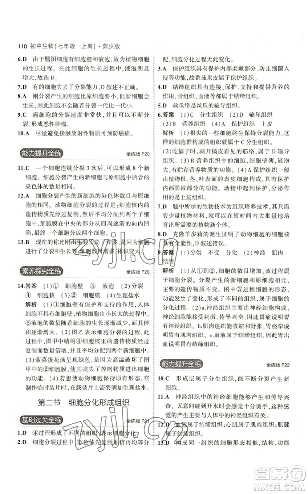 教育科學(xué)出版社2023年5年中考3年模擬七年級上冊生物冀少版參考答案