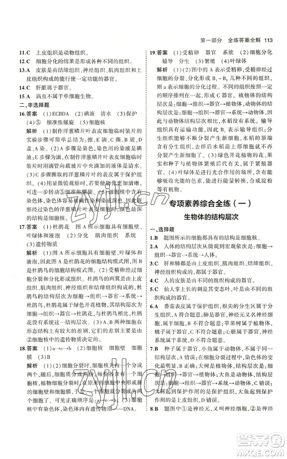 教育科學(xué)出版社2023年5年中考3年模擬七年級上冊生物冀少版參考答案