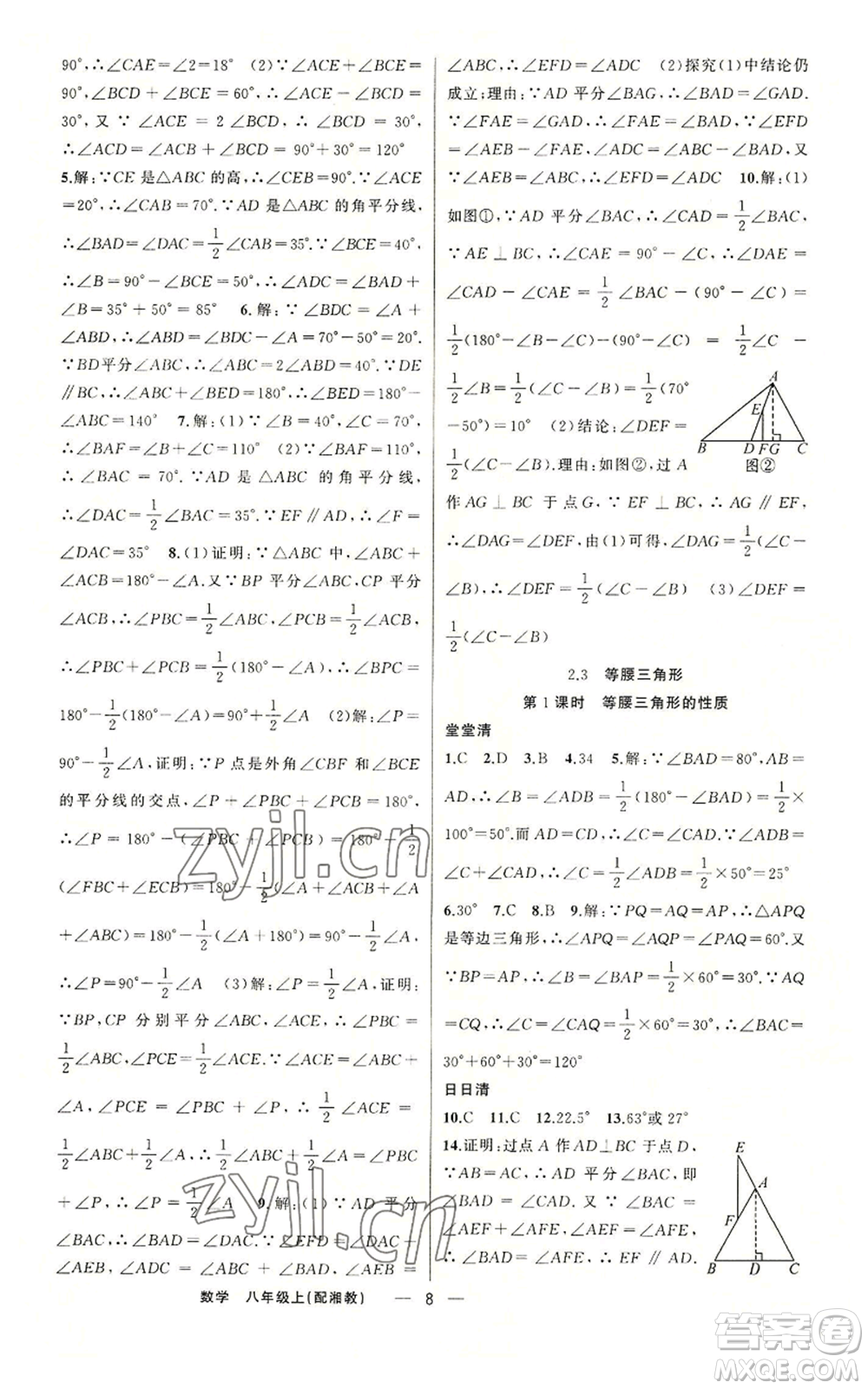 新疆青少年出版社2022四清導(dǎo)航八年級上冊數(shù)學(xué)湘教版參考答案