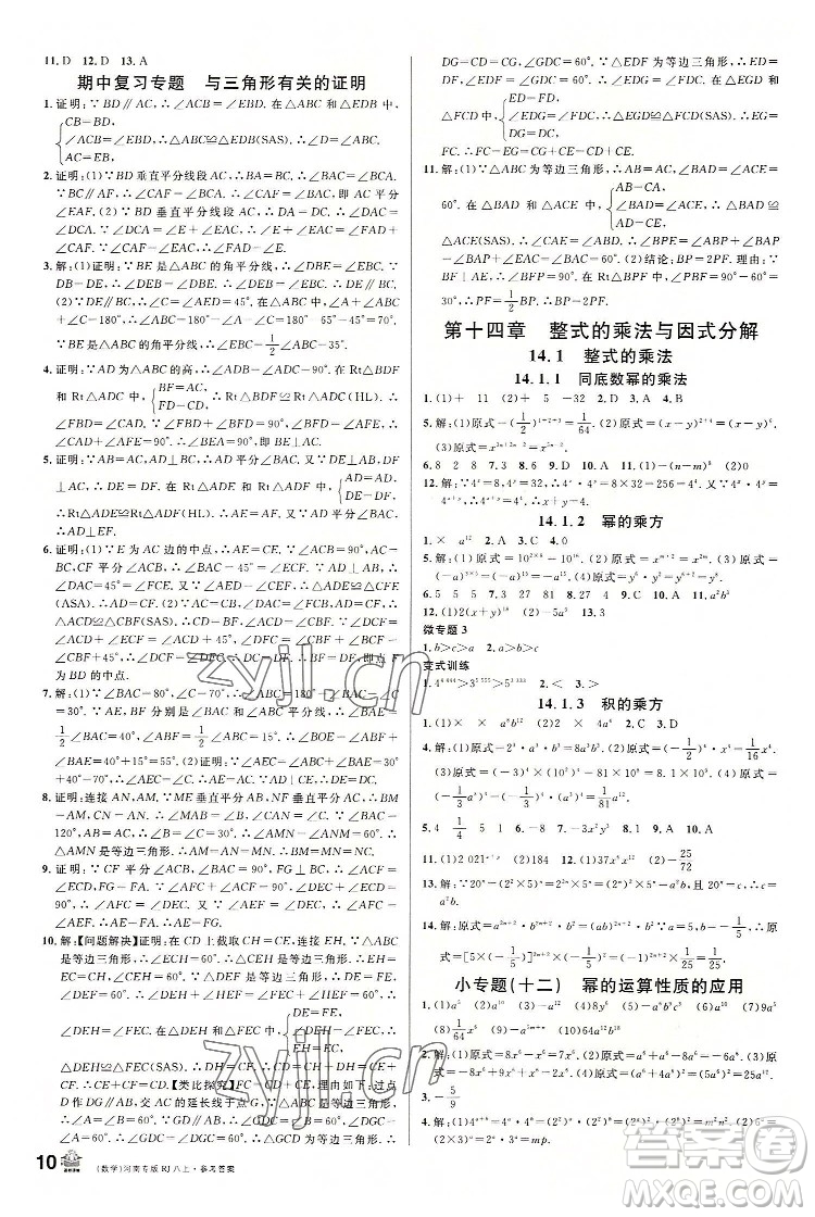 開明出版社2022名校課堂數(shù)學八年級上冊RJ人教版河南專版答案