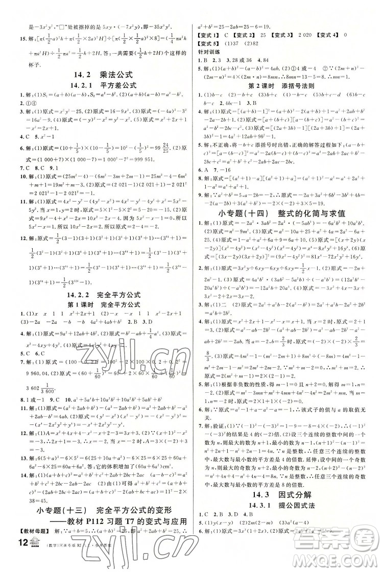 開明出版社2022名校課堂數(shù)學八年級上冊RJ人教版河南專版答案