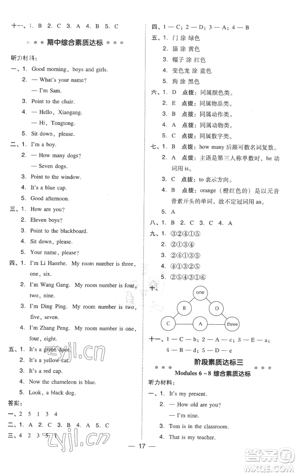 吉林教育出版社2022秋季綜合應(yīng)用創(chuàng)新題典中點(diǎn)三年級(jí)起點(diǎn)三年級(jí)上冊(cè)英語(yǔ)外研版參考答案