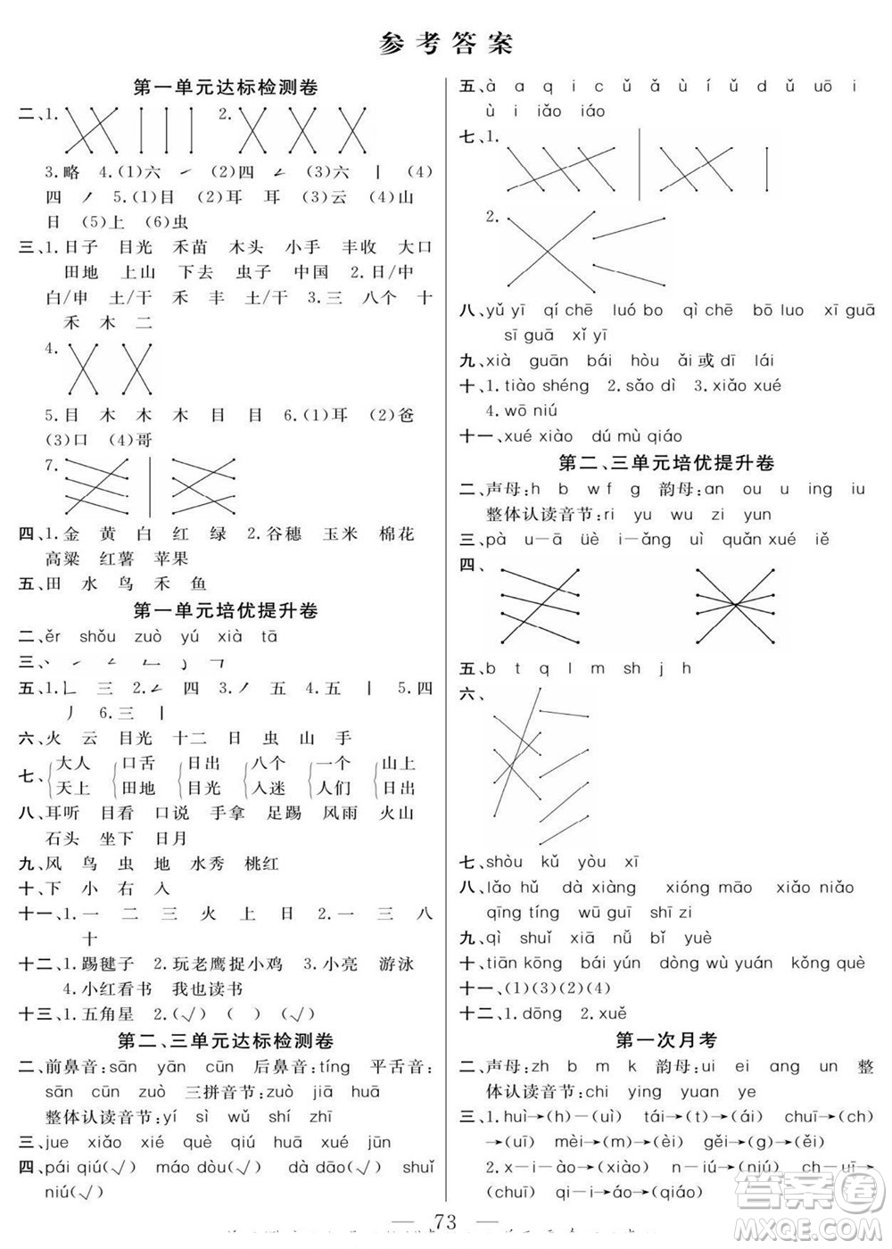 陽光出版社2022名師面對面大試卷語文一年級上冊人教版答案