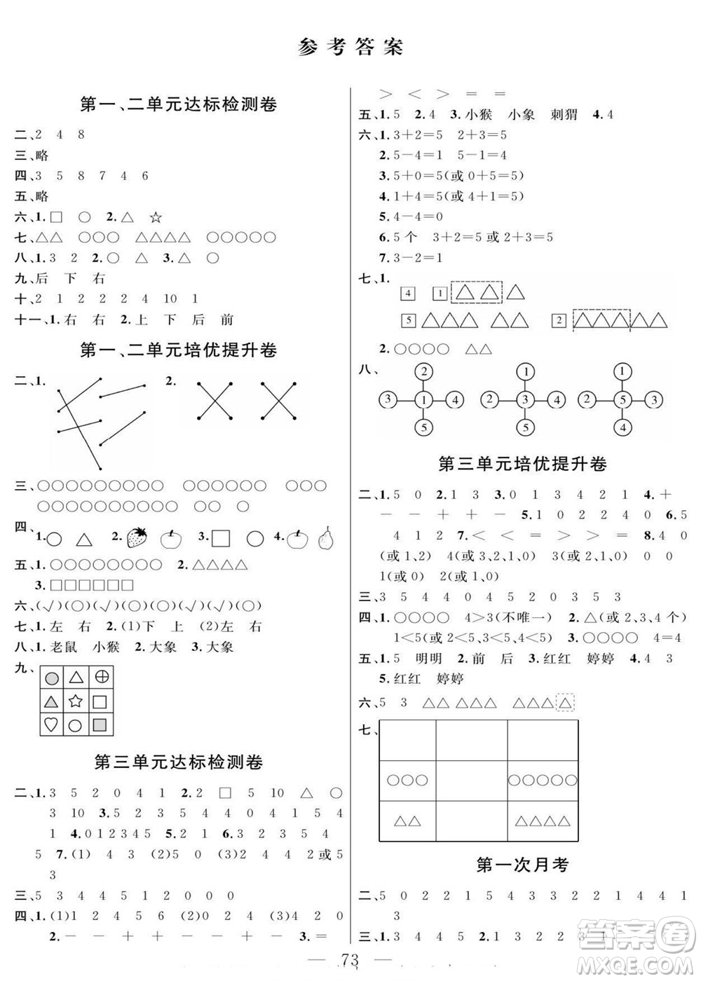 陽光出版社2022名師面對面大試卷數(shù)學(xué)一年級上冊人教版答案