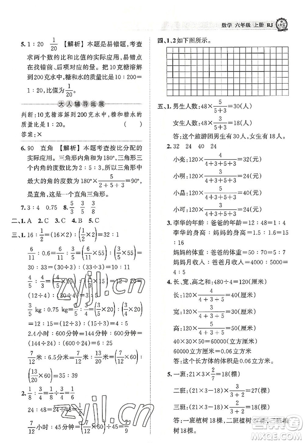 江西人民出版社2022王朝霞考點(diǎn)梳理時(shí)習(xí)卷六年級數(shù)學(xué)上冊RJ人教版答案