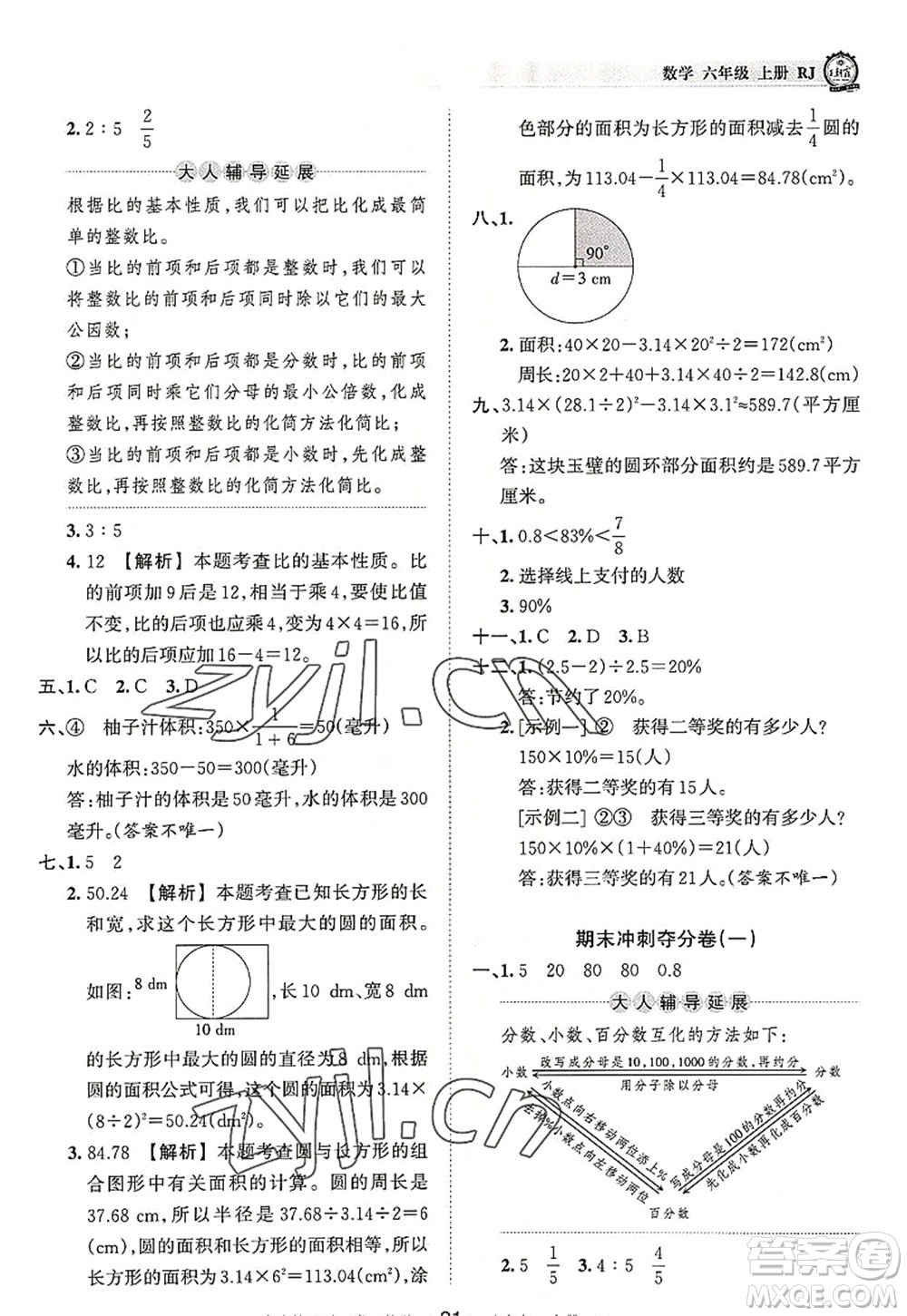 江西人民出版社2022王朝霞考點(diǎn)梳理時(shí)習(xí)卷六年級數(shù)學(xué)上冊RJ人教版答案