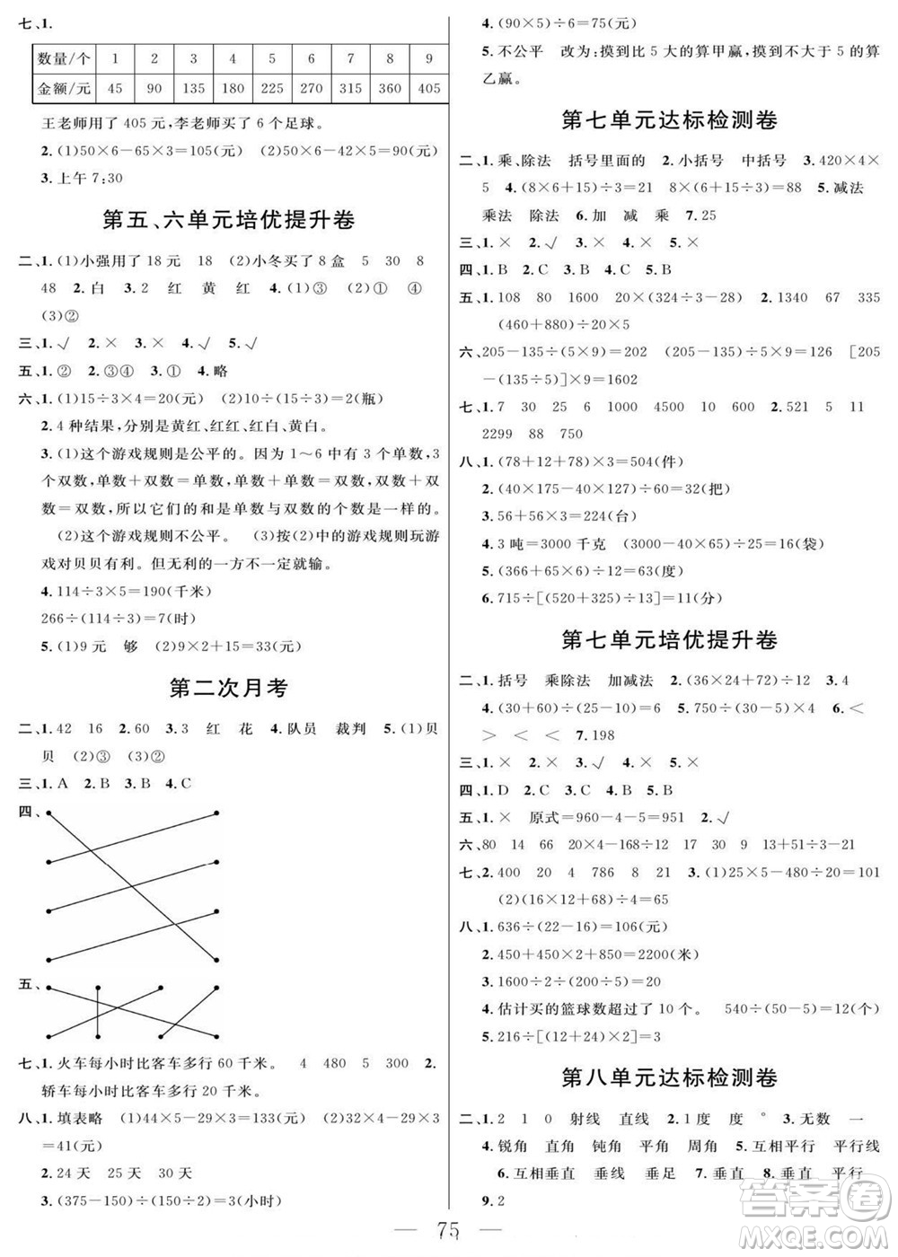 陽光出版社2022名師面對面大試卷數(shù)學四年級上冊蘇教版答案