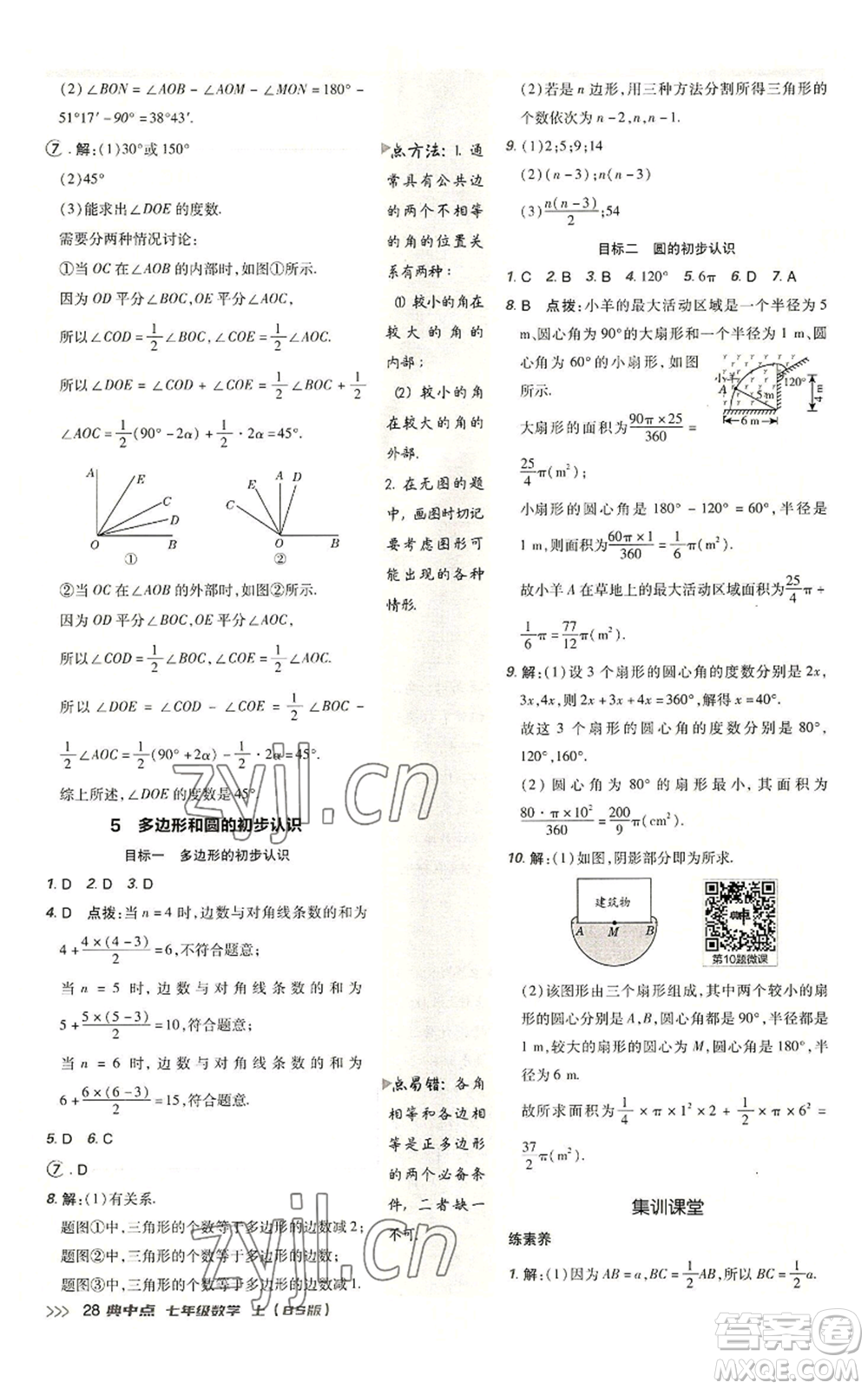 陜西人民教育出版社2022秋季綜合應(yīng)用創(chuàng)新題典中點提分練習(xí)冊七年級上冊數(shù)學(xué)北師大版參考答案