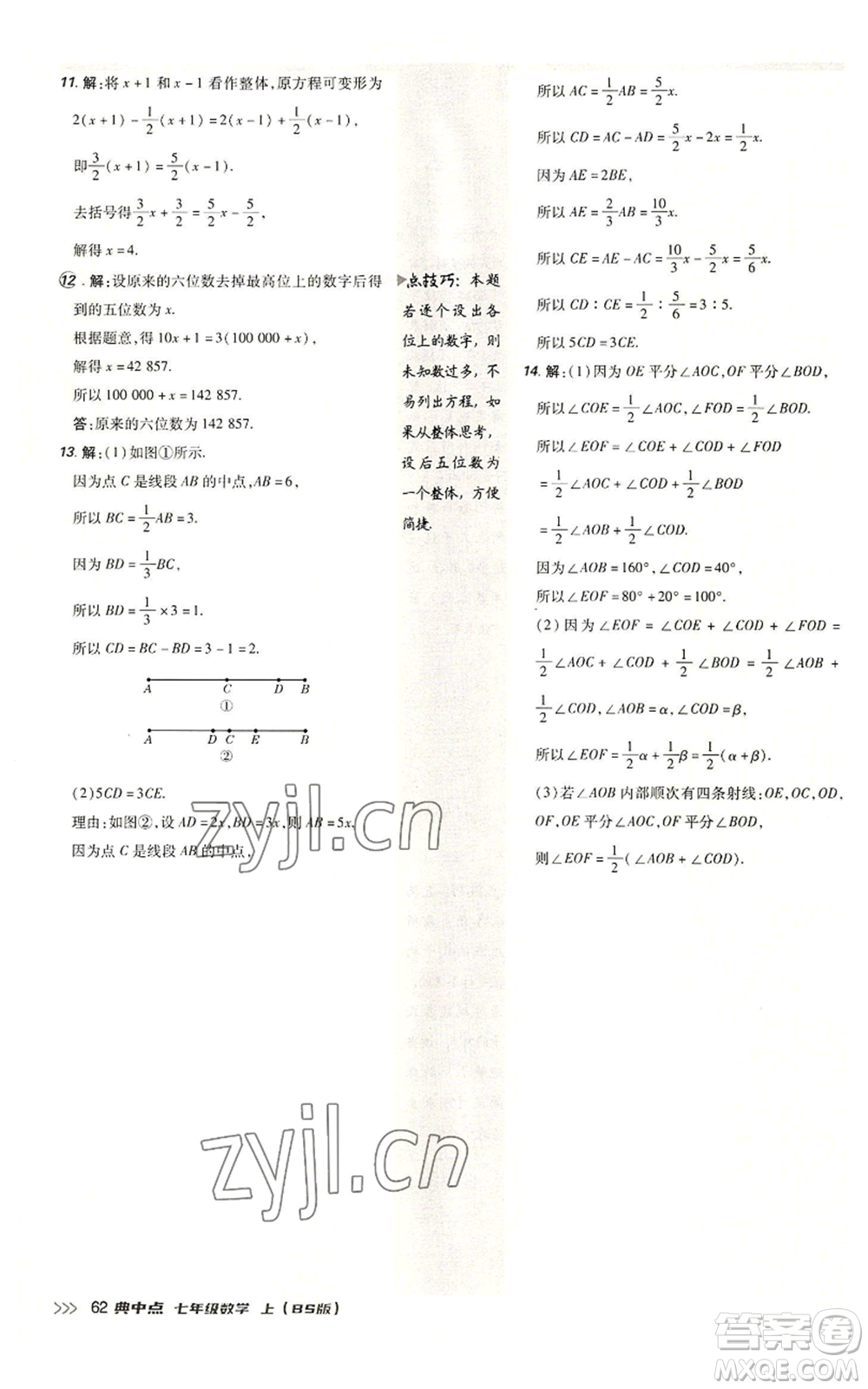 陜西人民教育出版社2022秋季綜合應(yīng)用創(chuàng)新題典中點提分練習(xí)冊七年級上冊數(shù)學(xué)北師大版參考答案