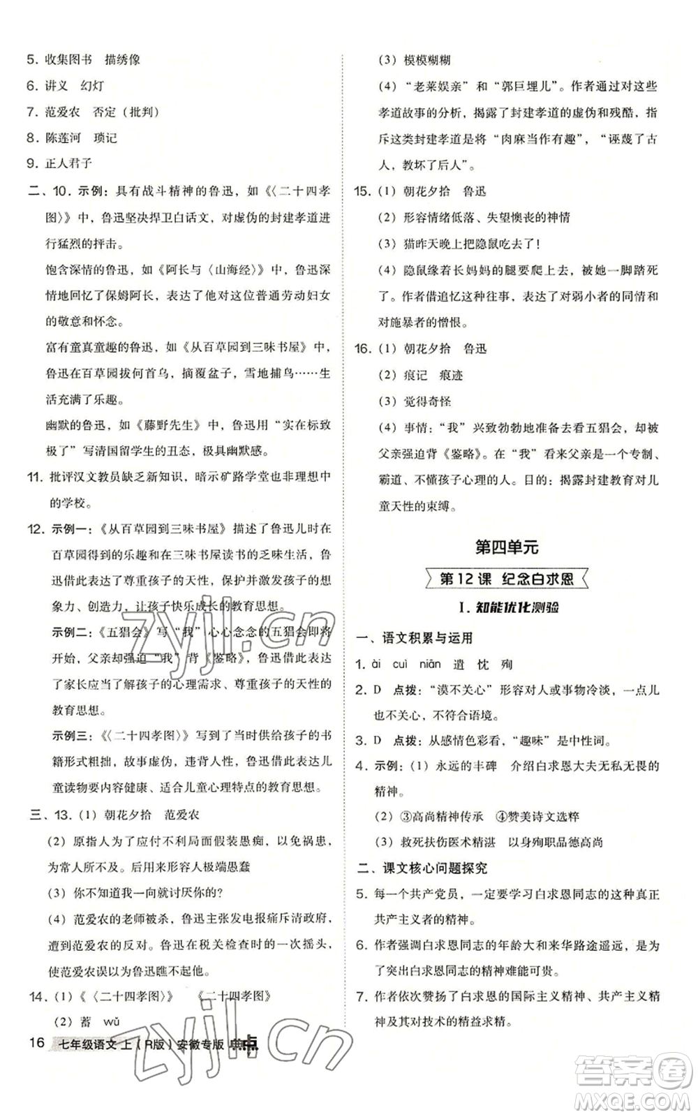 吉林教育出版社2022秋季綜合應(yīng)用創(chuàng)新題典中點(diǎn)提分練習(xí)冊七年級上冊語文人教版安徽專版參考答案