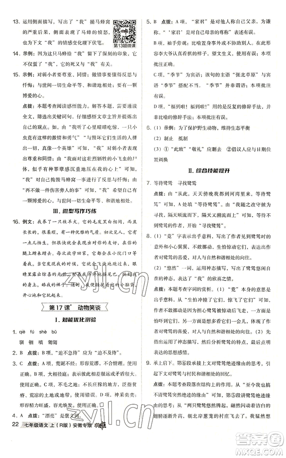 吉林教育出版社2022秋季綜合應(yīng)用創(chuàng)新題典中點(diǎn)提分練習(xí)冊七年級上冊語文人教版安徽專版參考答案