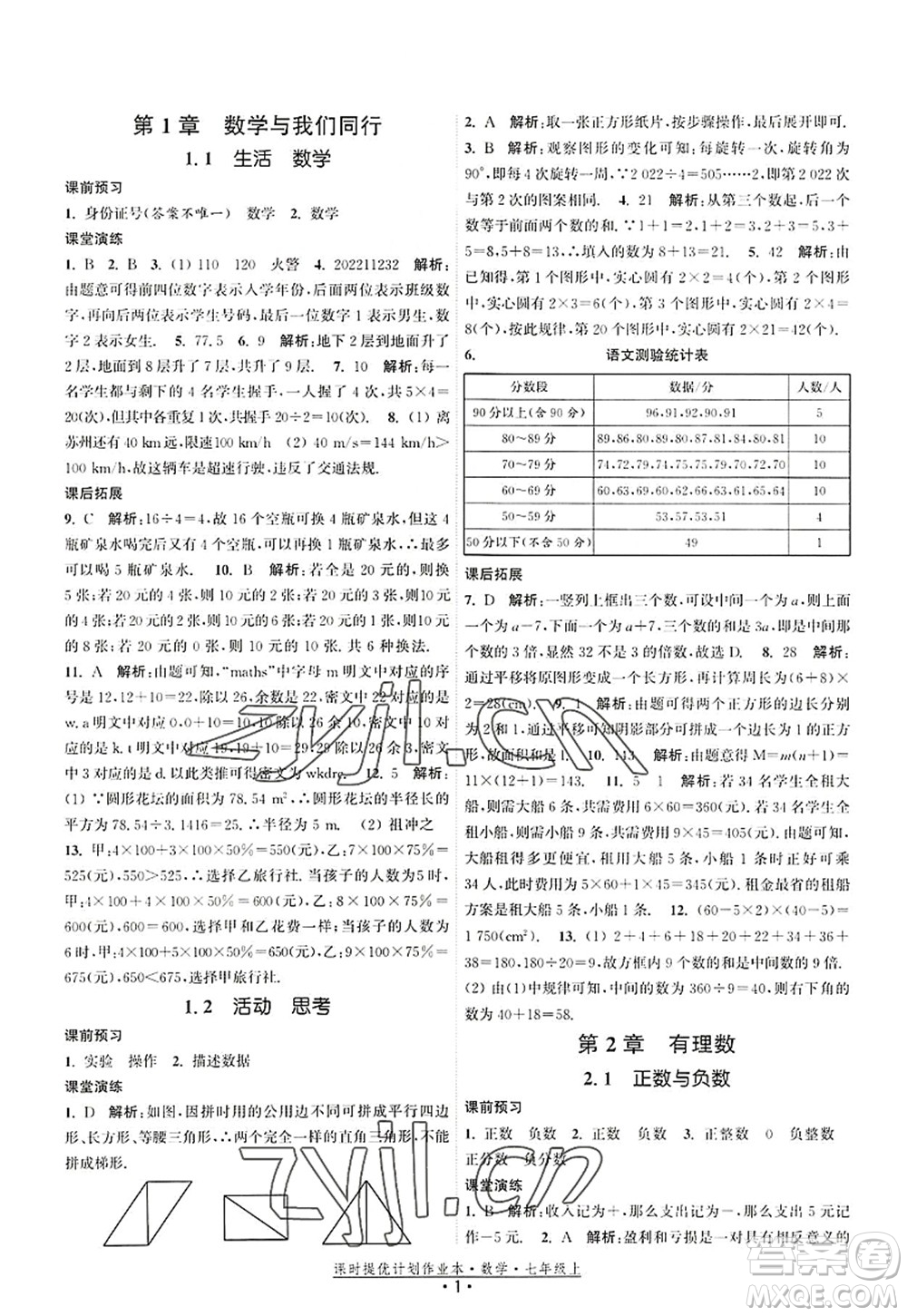 江蘇人民出版社2022課時提優(yōu)計劃作業(yè)本七年級數(shù)學(xué)上冊SK蘇科版答案