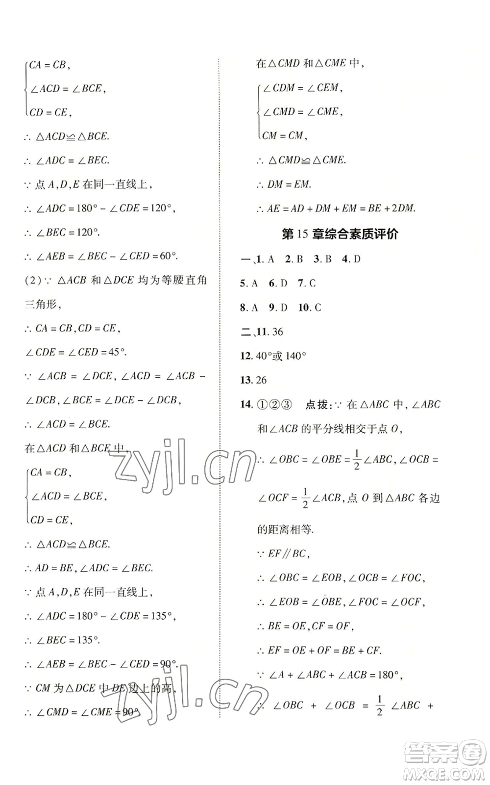 陜西人民教育出版社2022秋季綜合應(yīng)用創(chuàng)新題典中點(diǎn)提分練習(xí)冊八年級(jí)上冊數(shù)學(xué)滬科版參考答案