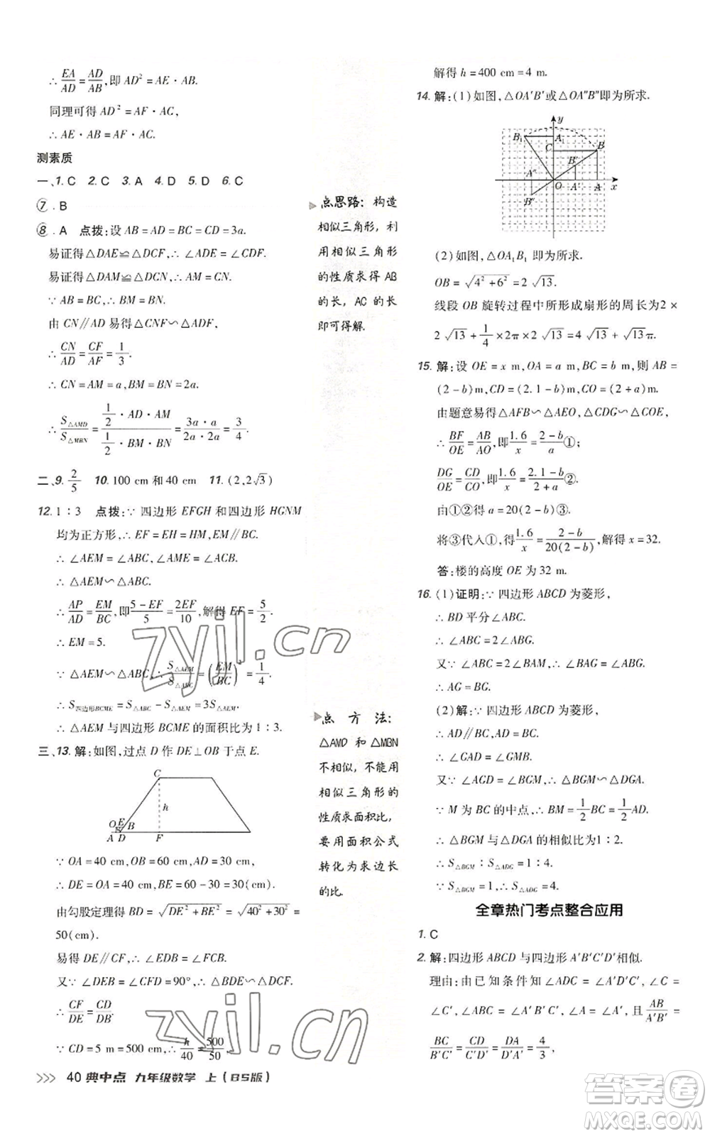 陜西人民教育出版社2022秋季綜合應(yīng)用創(chuàng)新題典中點(diǎn)提分練習(xí)冊九年級上冊數(shù)學(xué)北師大版參考答案