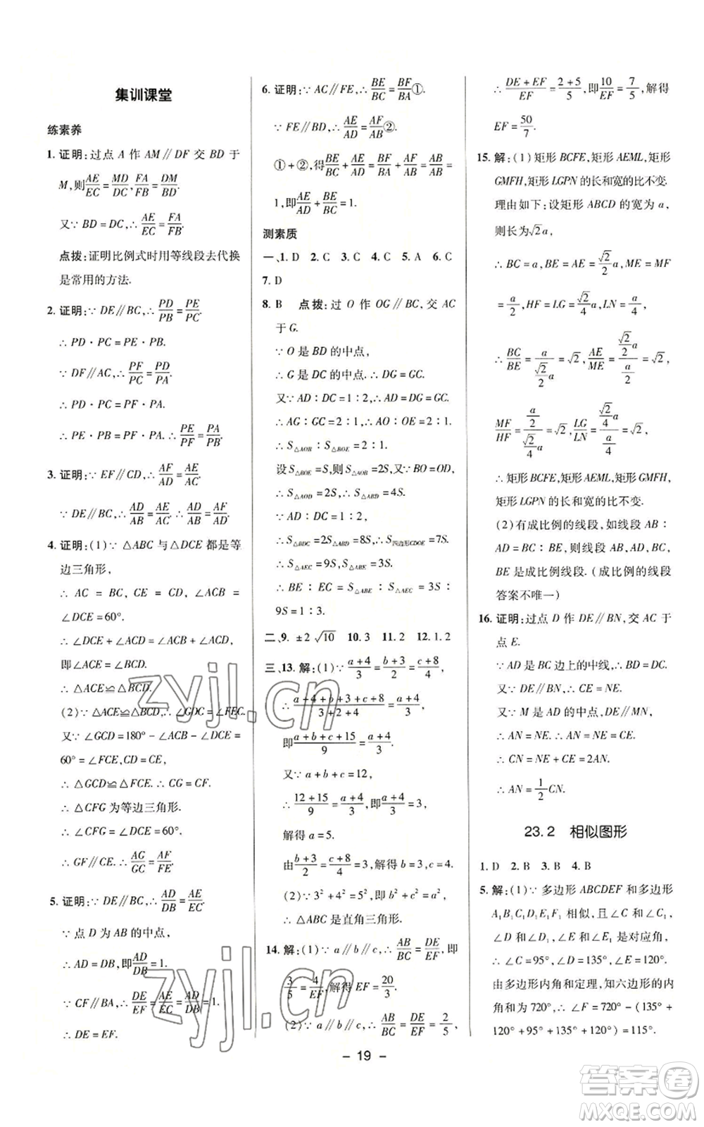 陜西人民教育出版社2022秋季綜合應(yīng)用創(chuàng)新題典中點提分練習(xí)冊九年級上冊數(shù)學(xué)華師大版參考答案