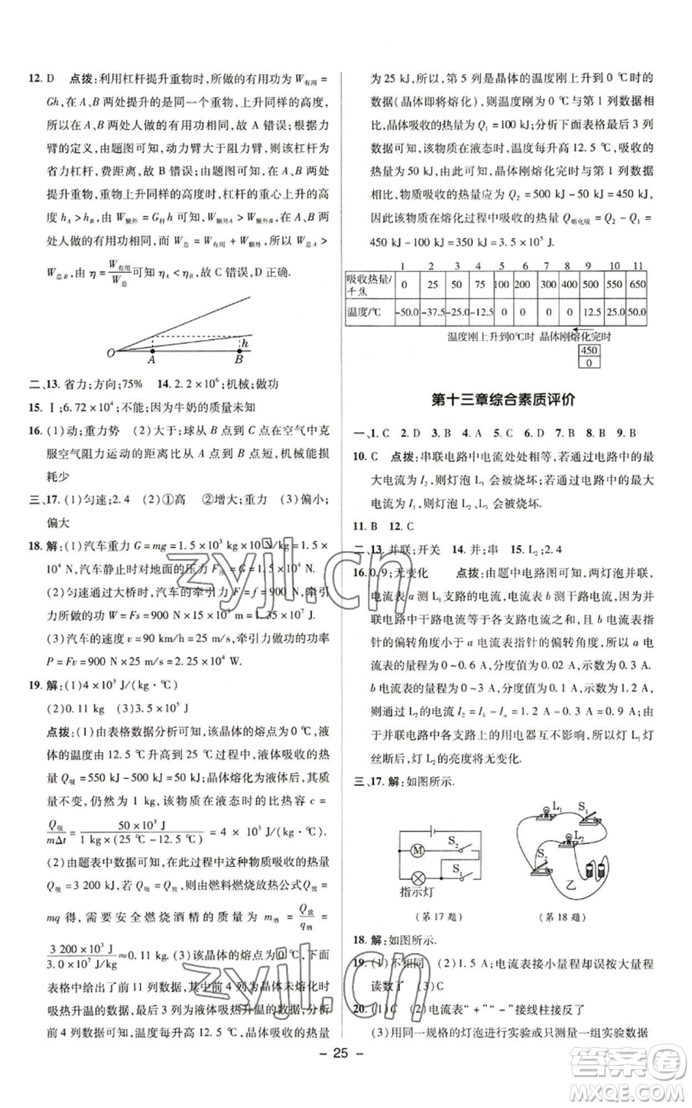 陜西人民教育出版社2022秋季綜合應(yīng)用創(chuàng)新題典中點(diǎn)提分練習(xí)冊九年級上冊物理蘇科版參考答案