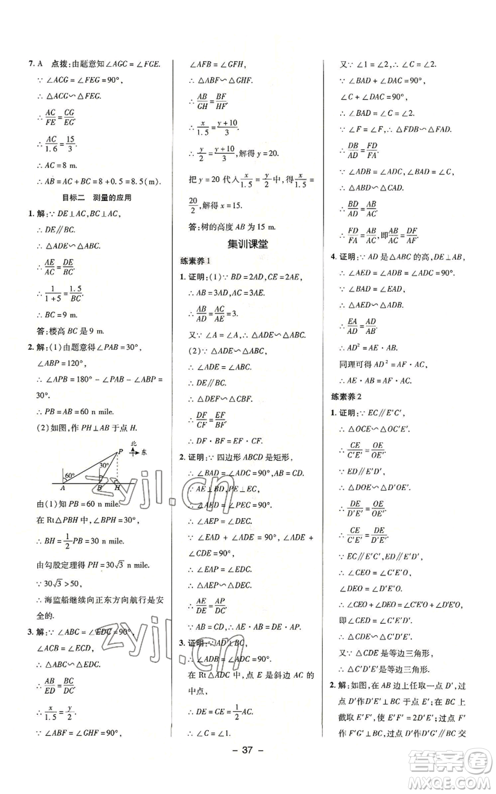 陜西人民教育出版社2022秋季綜合應(yīng)用創(chuàng)新題典中點(diǎn)提分練習(xí)冊(cè)九年級(jí)上冊(cè)數(shù)學(xué)滬科版參考答案