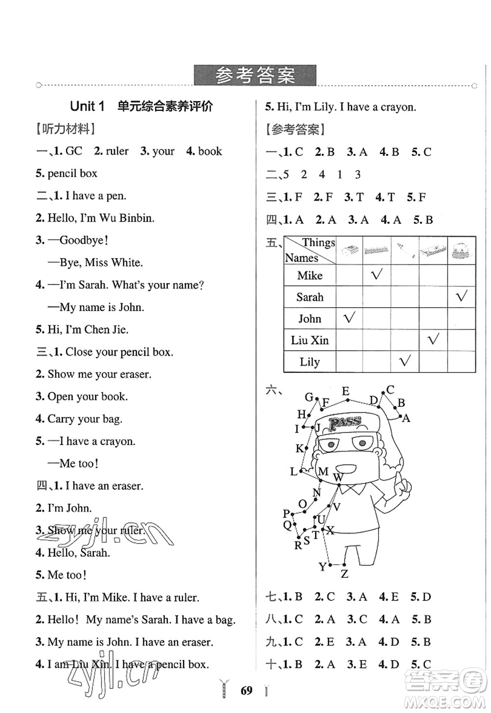 陜西師范大學(xué)出版總社2022PASS小學(xué)學(xué)霸沖A卷三年級(jí)英語上冊(cè)RJ人教版答案