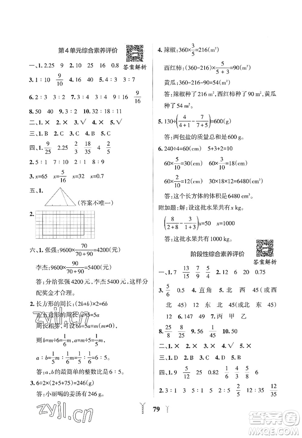 陜西師范大學出版總社2022PASS小學學霸沖A卷六年級數(shù)學上冊RJ人教版答案