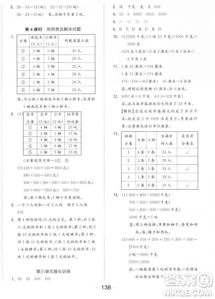 開明出版社2022全品學練考數(shù)學三年級上冊人教版答案