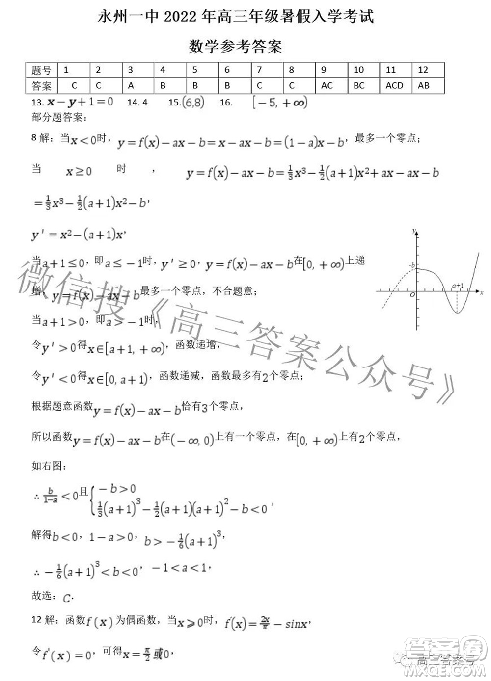 永州一中2022年高三年級暑假入學(xué)考試數(shù)學(xué)試題及答案