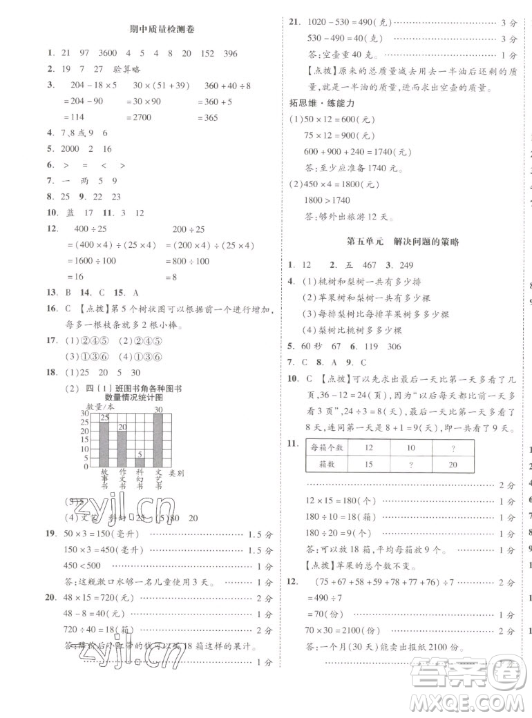 天津人民出版社2022全品小復習數(shù)學四年級上冊SJ蘇教版答案