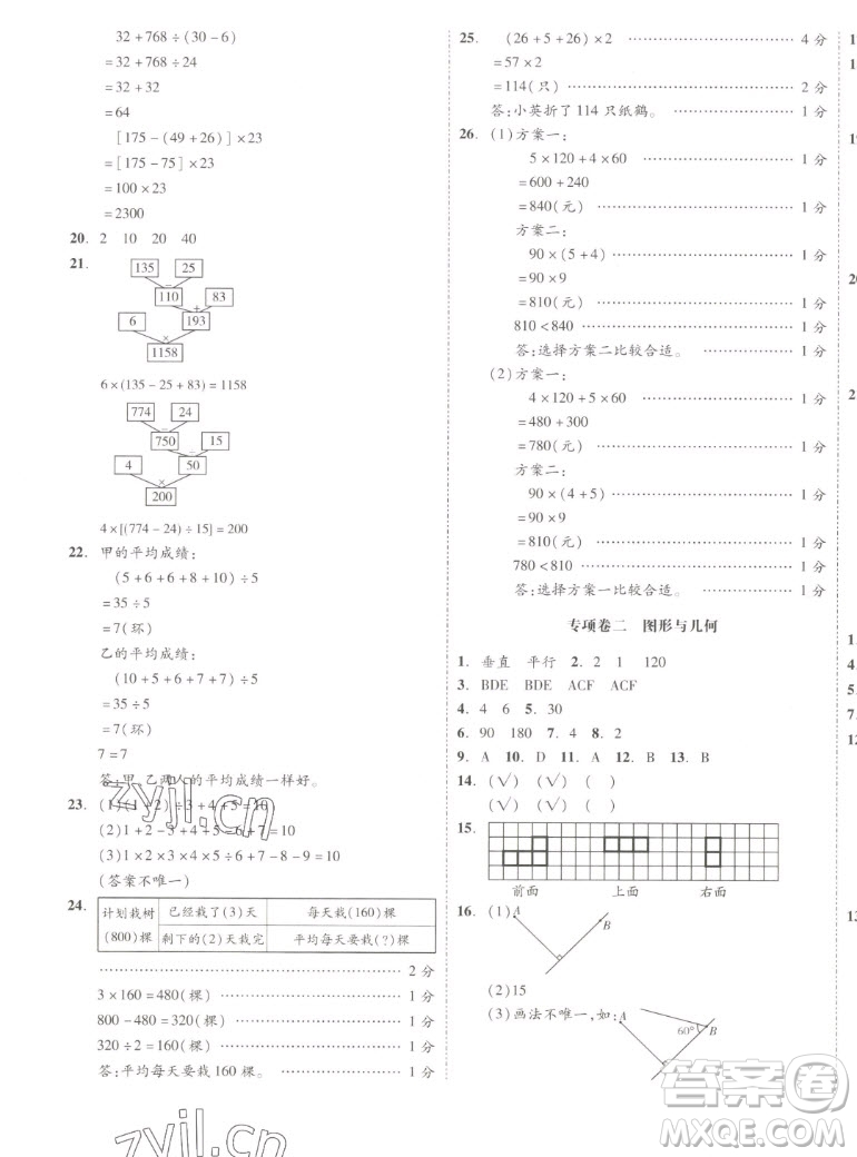 天津人民出版社2022全品小復習數(shù)學四年級上冊SJ蘇教版答案