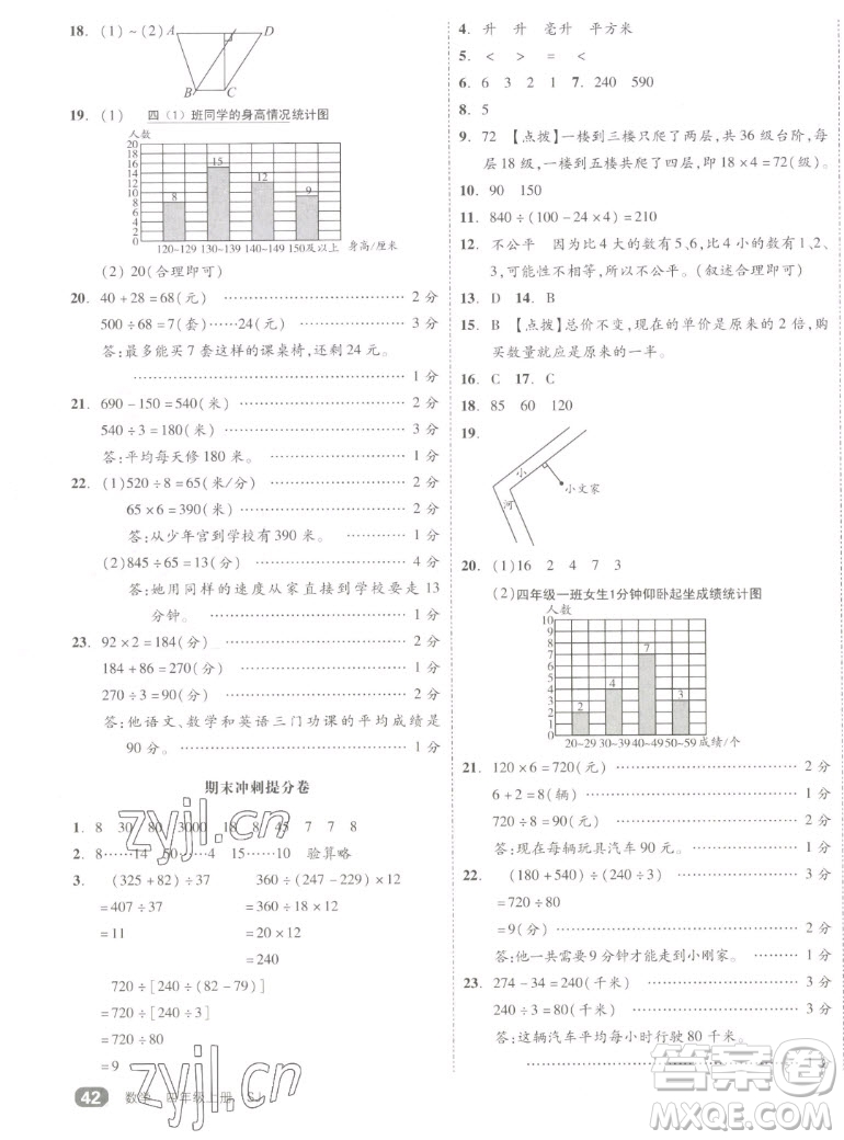 天津人民出版社2022全品小復習數(shù)學四年級上冊SJ蘇教版答案