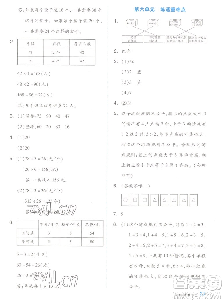 天津人民出版社2022全品小復習數(shù)學四年級上冊SJ蘇教版答案