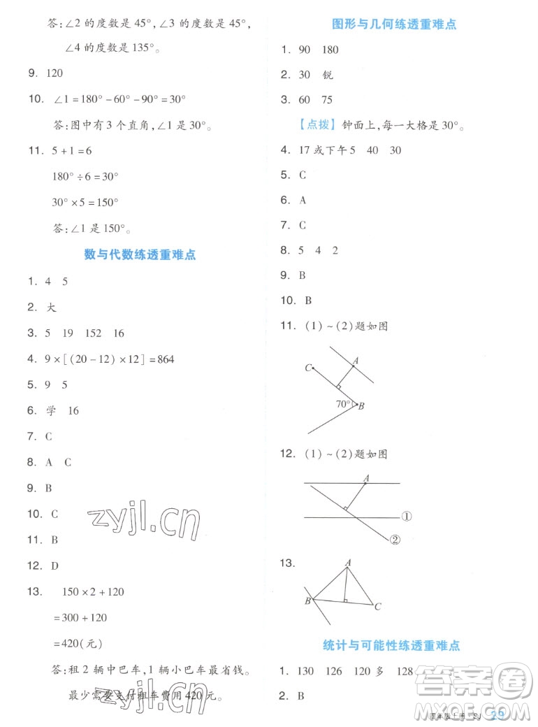 天津人民出版社2022全品小復習數(shù)學四年級上冊SJ蘇教版答案