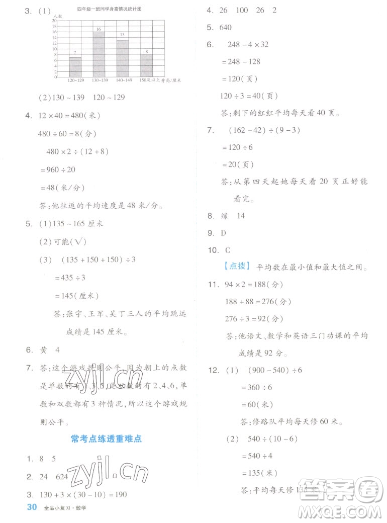 天津人民出版社2022全品小復習數(shù)學四年級上冊SJ蘇教版答案