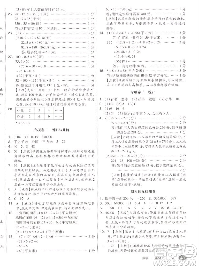 天津人民出版社2022全品小復(fù)習(xí)數(shù)學(xué)五年級上冊SJ蘇教版答案