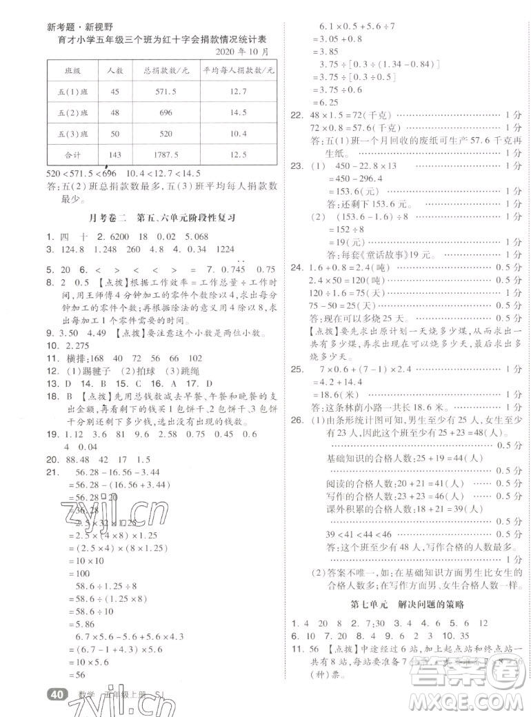 天津人民出版社2022全品小復(fù)習(xí)數(shù)學(xué)五年級上冊SJ蘇教版答案