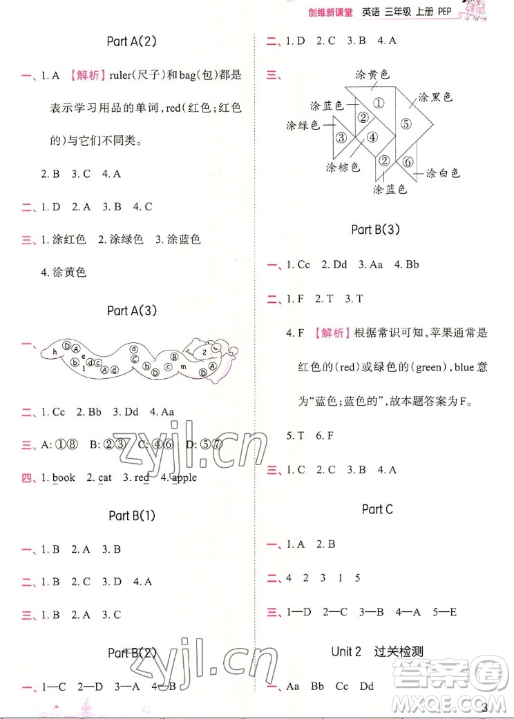 江西人民出版社2022王朝霞創(chuàng)維新課堂英語(yǔ)三年級(jí)上冊(cè)人教版答案