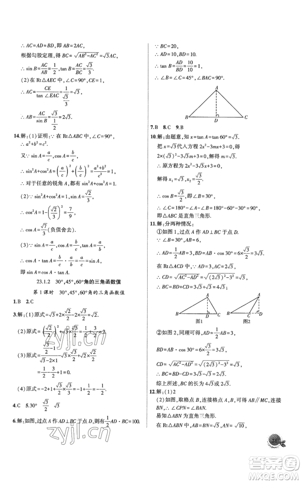 安徽大學出版社2022創(chuàng)新課堂創(chuàng)新作業(yè)本九年級上冊數(shù)學滬科版參考答案