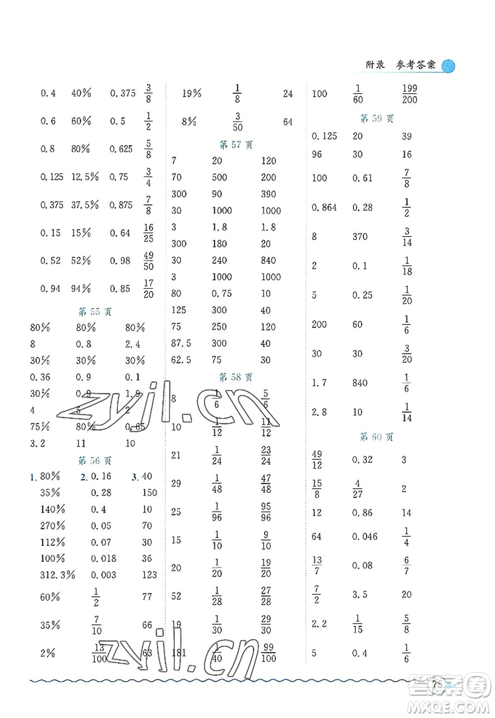 龍門書局2022黃岡小狀元口算速算練習(xí)冊六年級數(shù)學(xué)上冊R人教版答案