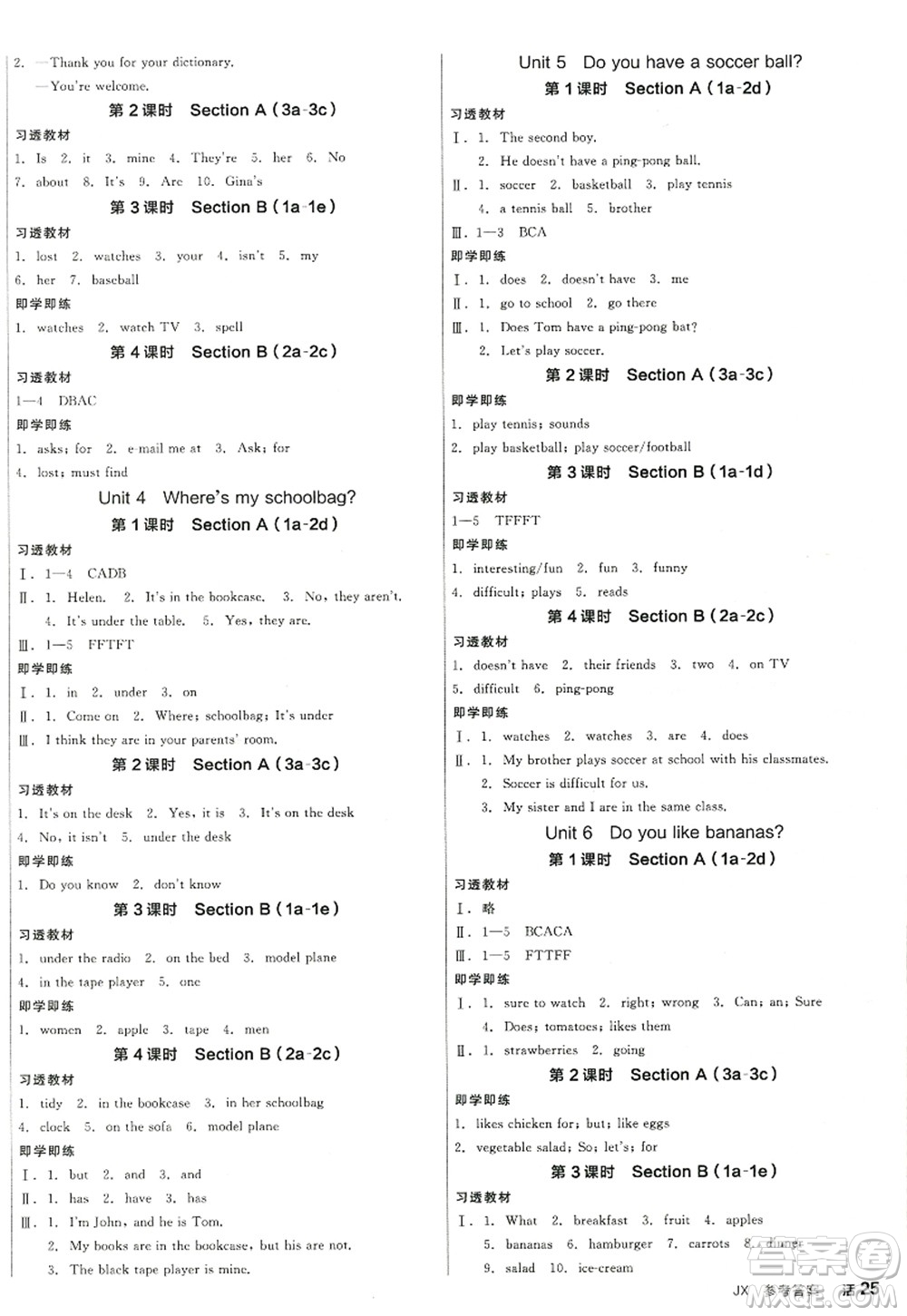 陽光出版社2022全品學(xué)練考七年級(jí)英語上冊RJ人教版江西專版答案