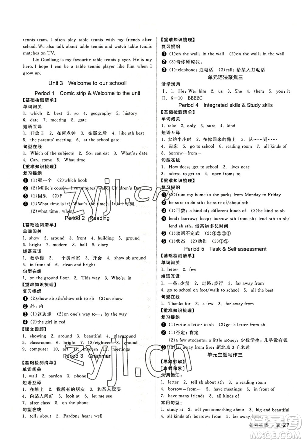 陽光出版社2022全品學練考七年級英語上冊YLNJ譯林牛津版答案