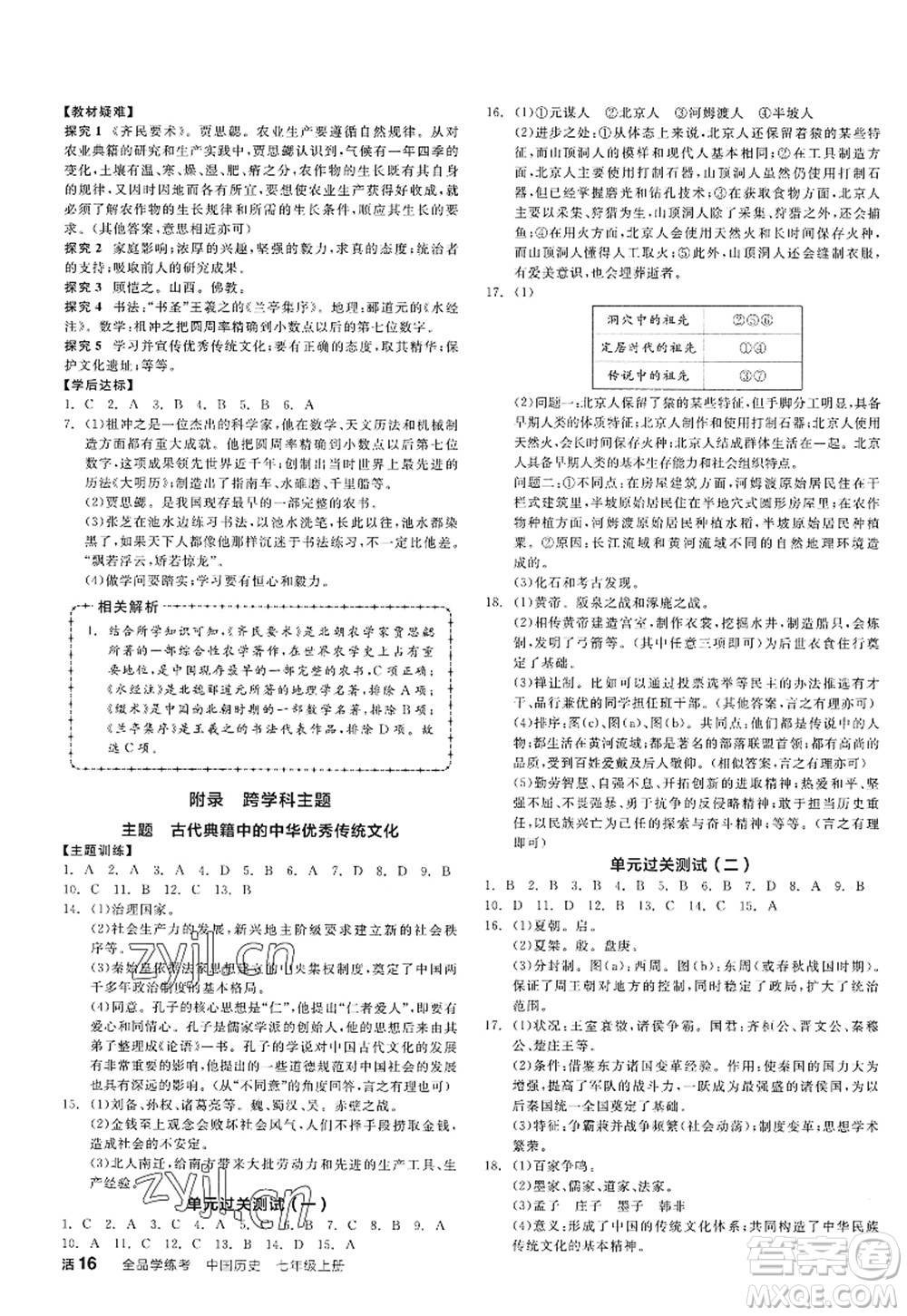 陽光出版社2022全品學(xué)練考七年級歷史上冊人教版答案